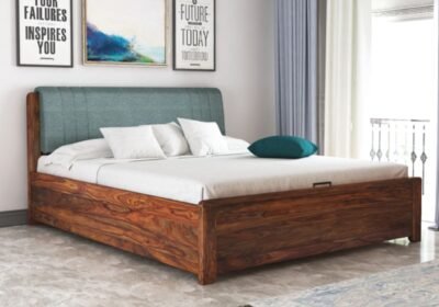 SpringtekLannisterHydraulicStorageBedQueenTeakAqua1